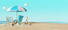 夏天假期概念横幅海滩椅子配件海滩插图