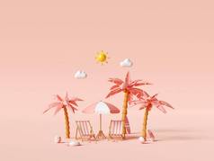 夏天假期概念海滩伞海滩配件粉红色的背景插图
