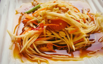 木瓜沙拉泰国亚洲食物菜白色陶瓷板对象生活