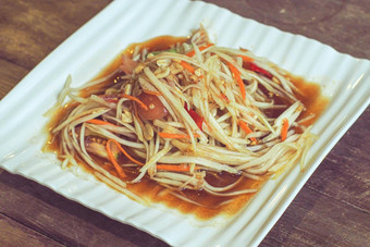 喜欢断续器泰国菜素食者木瓜辣的沙拉食物泰国成分蔬菜柠檬番茄木瓜石灰虾