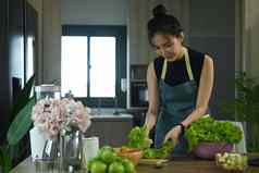 快乐年轻的女人准备有机蔬菜健康的食物厨房