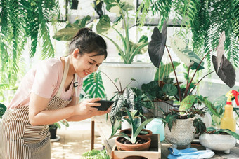 微笑年轻的女人采取智能<strong>手机图片</strong>植物小商店