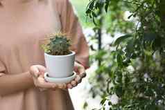 年轻的女人手持有仙人掌能环境保护护理植物概念
