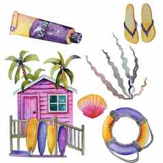 彩色的集救生圈太阳奶油鹬海藻海滩房子装饰设计元素水彩集合孤立的白色背景海洋设计海报旅行夏天横幅卡