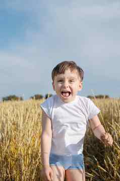 可爱的男孩走小麦场使有趣的脸