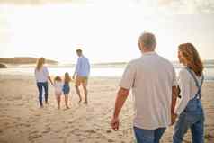 后视图多一代家庭持有手走海滩高加索人家庭孩子们父母爷爷奶奶享受夏天假期