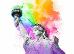 雕像自由色彩斑斓的彩虹胡里节油漆粉爆炸孤立的白色背景