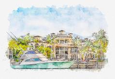 水彩绘画插图奢侈品海滨大厦游艇堡劳德黛尔佛罗里达