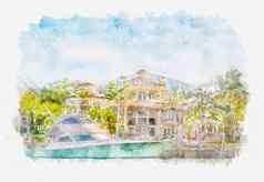 数字水彩绘画奢侈品海滨大厦游艇堡劳德黛尔佛罗里达
