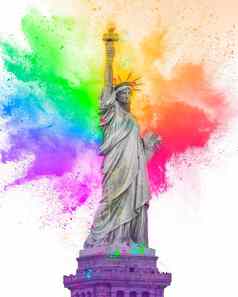 雕像自由色彩斑斓的彩虹胡里节油漆粉爆炸孤立的白色背景