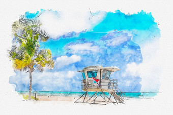 水彩绘画插图救生员塔南海滩堡劳德黛尔佛罗里达美国