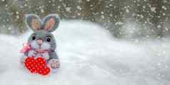 快乐情人节一天问候卡横幅豪华的兔子持有红色的心象征爱假期快乐情人节一天降雪背景森林
