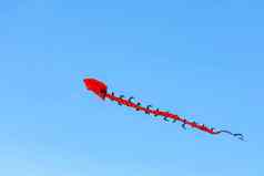 飞行风筝色彩斑斓的风筝飞行风蓝色的天空云长蛇形式红色的龙