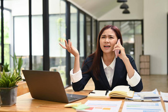 女企业家谈话移动电话争论客户端解决业务问题