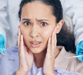 旅行牙医噩梦拍摄年轻的女人害怕牙医办公室