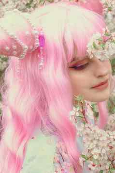 肖像年轻的欧洲女人穿和服亚洲美樱桃花朵花见观光日本概念