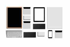 空白企业集孤立的白色由业务卡片文件夹平板电脑信封信纸的信头笔记本电脑闪光铅笔磁盘聪明的手机