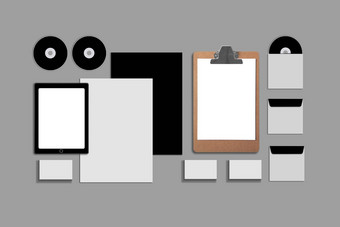 空白企业集灰色的背景由业务卡片文件夹平板电脑信封<strong>信纸</strong>的信头笔记本电脑闪光铅笔磁盘聪明的手机