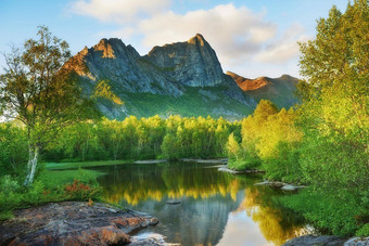 自然森林景观诺德兰山背景安静的平静湖包围绿色森林日落反射夏天天空水郁郁葱葱的绿色树叶