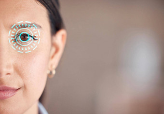 艺术设计视网膜扫描CGI视觉特殊的影响拉美裔女人安全特写镜头肖像混合比赛女人眼睛扫描仪前面头像一半脸