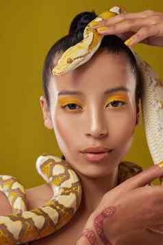 信任强大的词拍摄年轻的女人摆姿势蛇脖子黄色的背景
