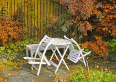 白色木椅子表格宁静和平郁郁葱葱的私人后院首页秋天天井家具集户外空间座位空宁静的花园擦洗植物