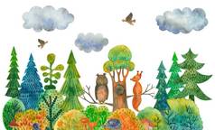 水彩插图松鼠猫头鹰坐分支色彩斑斓的森林蘑菇刺猬