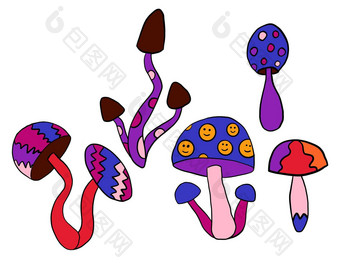 手画剪纸艺术插图嬉皮groovy蘑菇橙色紫色的蓝色的红色的颜色复古的古董风格<strong>漏洞</strong>百出的野生明亮的背景幻觉催眠元素