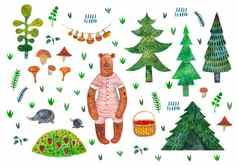 水彩森林集熊刺猬蘑菇冷杉树松树浆果植物