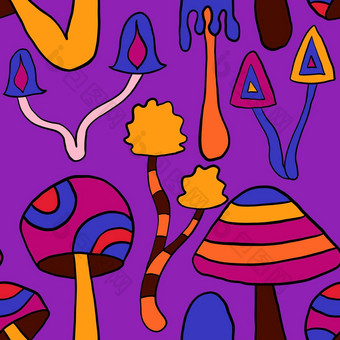 无缝的手画模式嬉皮groovy蘑菇橙色紫色的蓝色的红色的颜色复古的古董风格漏洞百出的野生明亮的背景幻觉催眠元素