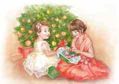 女孩拆包礼物一年圣诞节孩子们玩具圣诞节树