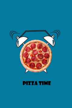 披萨报警时钟手画插图蓝色的背景登记披萨时间
