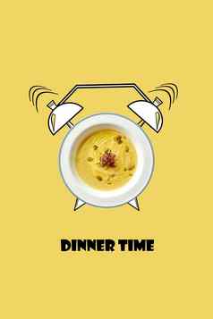 白色碗热汤报警时钟手画插图黄色的背景登记晚餐时间
