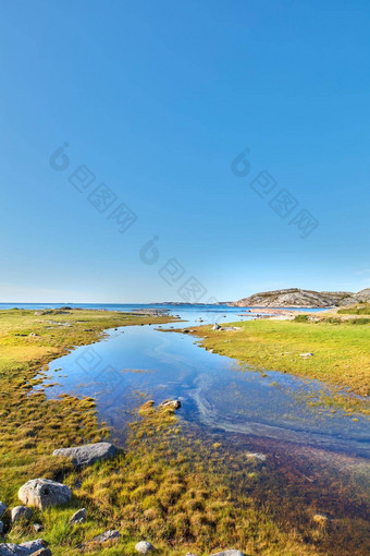 风景优美的视图河流动沼泽领先的海洋挪威景观视图蓝色的复制空间天空沼泽地溢出水污染石油存款进入海