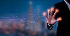 商人手指纹识别访问个人金融数据指纹扫描安全访问生物识别技术识别业务技术概念