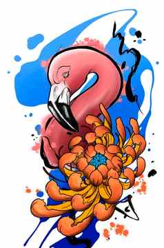 粉红色的火烈鸟橙色牡丹草图蓝色的背景
