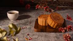 中国人月亮蛋糕中期秋天节日乡村石头背景