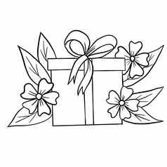 手画现在盒子礼物花花叶子插图黑色的白色优雅的婚礼点缀行艺术极简主义纹风格设计夏天春天自然分支树叶开花