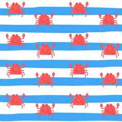 时尚的红色的海洋蟹蓝色的条纹无缝的模式插图