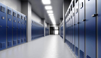 长<strong>学校</strong>走廊蓝色的储物柜插图