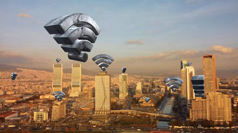 空中<strong>城市</strong>连接无线网络移动技术概念数据沟通云计算人工情报<strong>互联网</strong>的事情伊斯梅尔<strong>城市</strong>天际线未来主义的<strong>城市</strong>