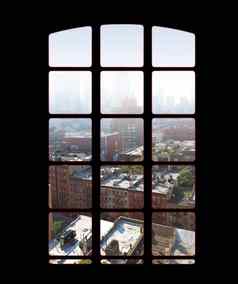 城市天际线公寓办公室窗口明亮的阳光明媚的一天视图内部空黑暗《阁楼》酒店房间广场玻璃窗户俯瞰市中心住宅建筑