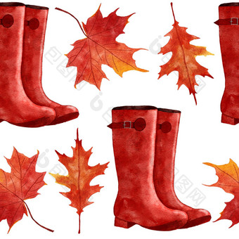 水彩手画无缝的模式惠灵顿靴子红色的橙色黄色的秋天秋天叶子枫木橡木他来了叶10月9月感恩节背景森林木浆果