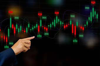金融业务投资概念股票加密投资基金商人触碰虚拟屏幕数据烛台图表交易外汇图金融