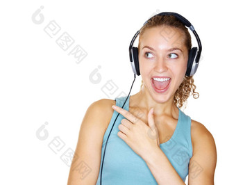 年轻的女享受音乐耳机白色年轻的兴奋女十几岁的享受音乐耳机白色背景