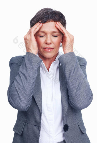 成熟的业务女人可怕的疼痛成熟的女执行可怕的头疼持有额头疼痛