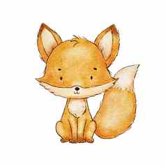 可爱的婴儿狐狸字符水彩幼稚的插图孤立的白色林地动物