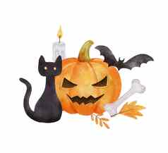 万圣节作文卡南瓜蝙蝠黑色的猫明亮的水彩插图孤立的白色