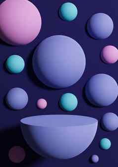 黑暗蓝色的插图简单的最小的产品显示背景一边视图摘要色彩斑斓的泡沫球体讲台上站产品摄影壁纸