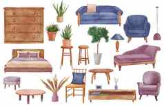 水彩手画经典舒适的首页室内盆栽植物蓝色的装饰元素生活房间孤立的白色胸部抽屉沙发床上